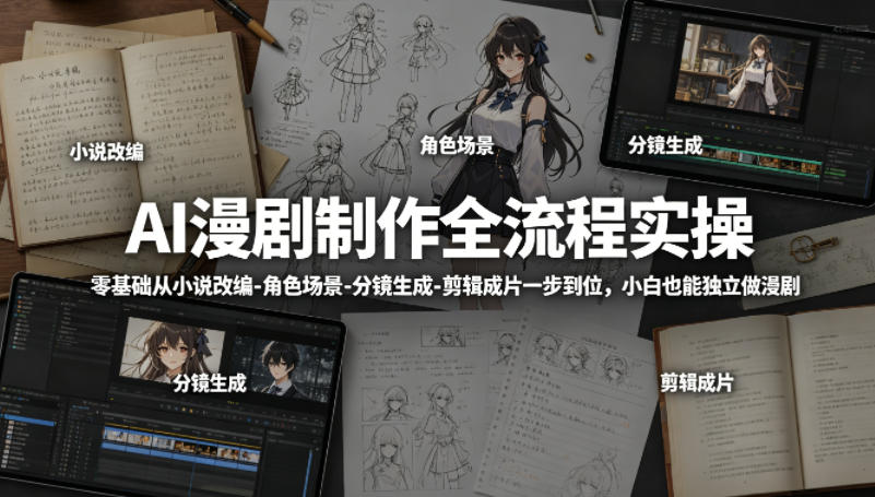 AI漫剧制作全流程实操，零基础从小说改编-角色场景-分镜生成-剪辑成片一步到位，小白也能独立做漫剧