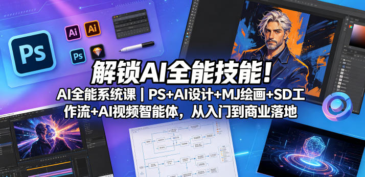 解锁AI全能技能！AI全能系统课｜PS+AI设计+MJ绘画+SD工作流+AI视频智能体，从入门到商业落地