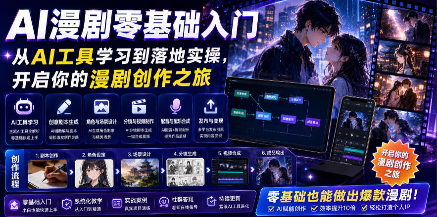 AI漫剧零基础入门，从AI工具学习到落地实操，开启你的漫剧创作之旅