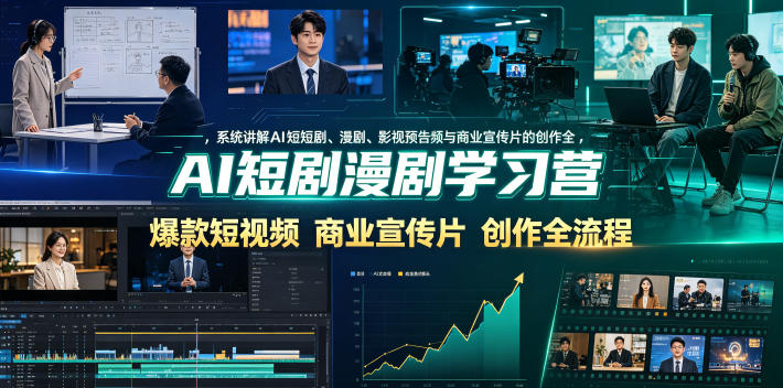 AI短剧漫剧学习营，系统讲解AI短剧、漫剧、影视预告片、爆款短视频与商业宣传片的创作全流程
