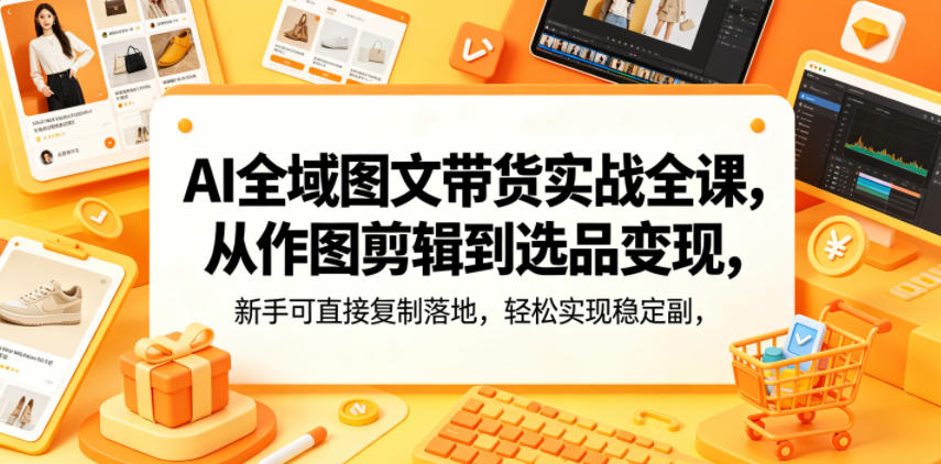 AI全域图文带货实战全课，从作图剪辑到选品变现，新手可直接复制落地，轻松实现稳定副业增收