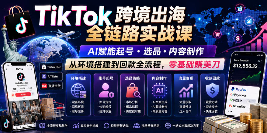 TikTok跨境出海全链路实战课，AI赋能起号·选品·内容制作，从环境搭建到回款全流程，零基础賺美刀