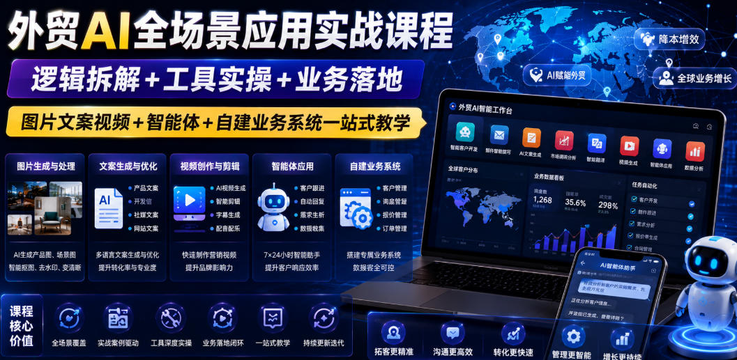 外贸AI全场景应用实战课程｜逻辑拆解+工具实操+业务落地，图片文案视频+智能体+自建业务系统一站式教学