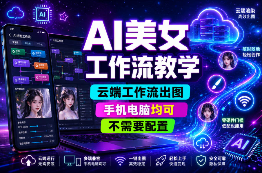 AI美女工作流教学，云端工作流出图，手机电脑均可，不需要配置，快速起号涨粉