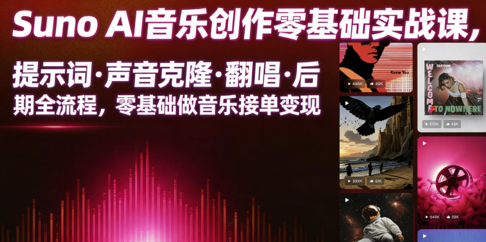 Suno AI音乐创作实战课，提示词・声音克隆・翻唱・后期全流程，零基础做音乐接单变现