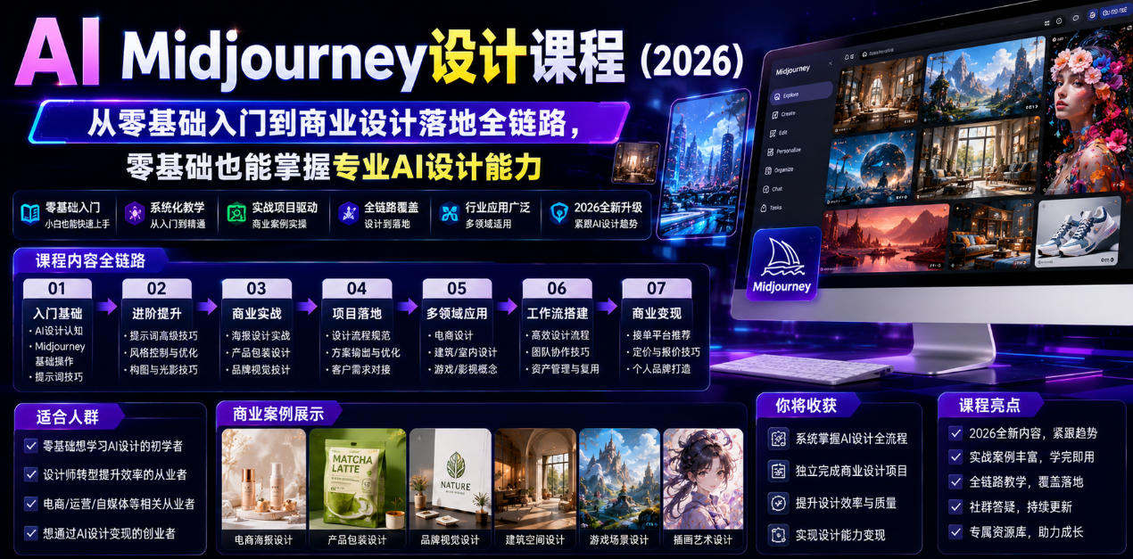 AI Midjourney设计课程（2026），从零基础入门到商业设计落地全链路，零基础也能掌握专业AI设计能力