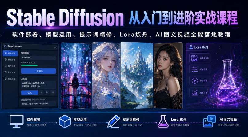 Stble Diffusin从入门到进阶实战课程|软件部署、模型运用、提示词精修、Lr炼丹、AI图文视频全能落地教程